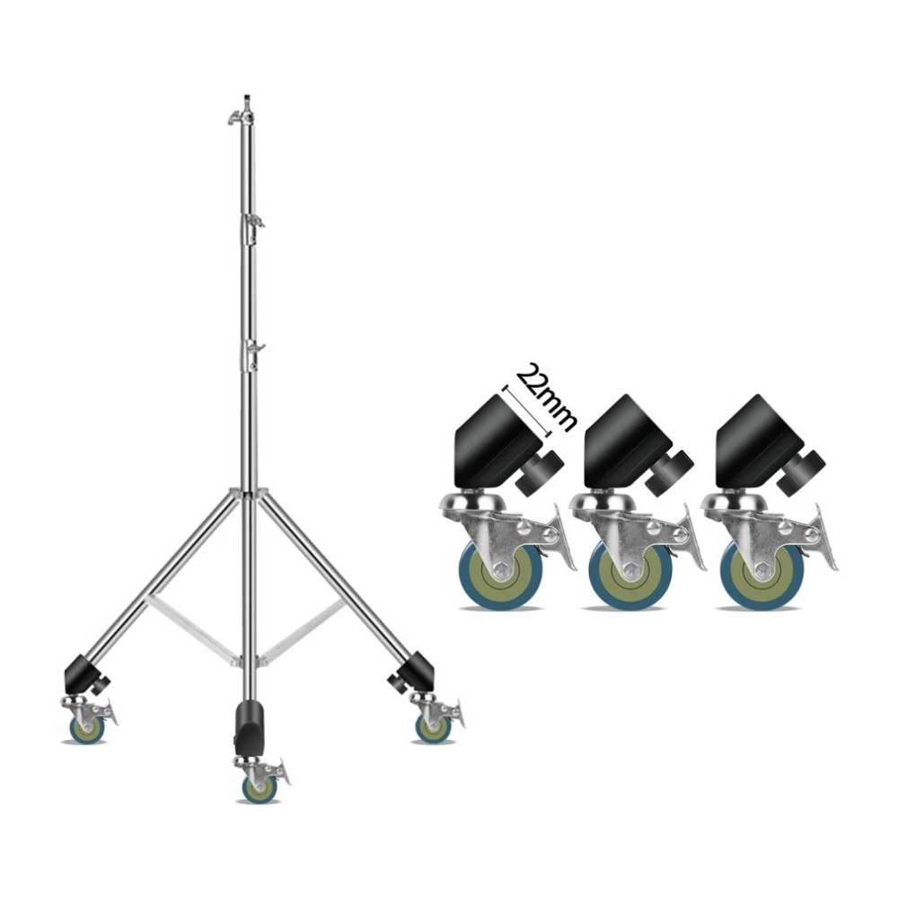 Pied d'éclairage studio en acier inoxydable avec ses trois roulettes pivotantes