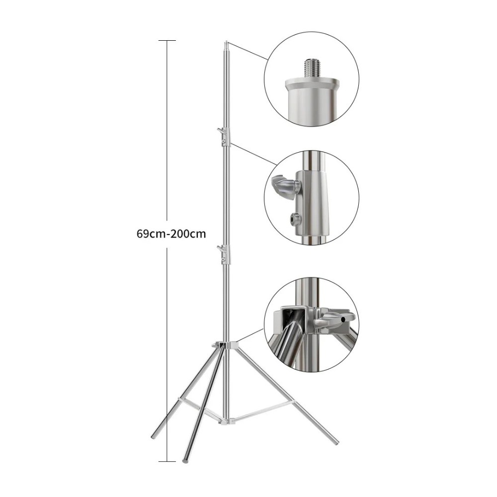 Pied d'éclairage inox réglable de 60 à 200 cm et ses molettes de blocage