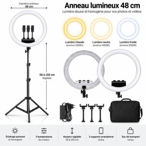 Anneau lumineux 48 cm sur pied réglable de 58 à 150 cm, trois températures de couleur, trois supports smartphone et sac de transport