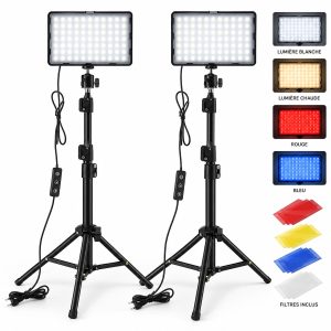 Kit éclairage LED 2 panneaux bi-couleur avec deux trépieds réglables, câbles secteur et filtres de couleur