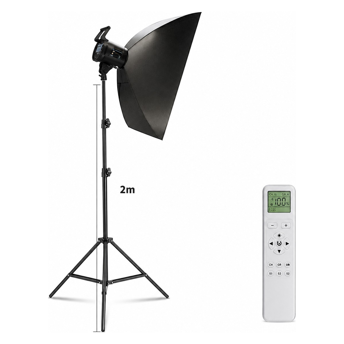 Kit studio 1 point : projecteur COB 135 W bi-couleur, boîte à lumière 60 × 90 cm, pied 2 m et télécommande