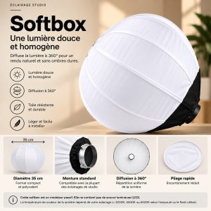 Lanterne sphérique 35 cm à monture Bowens, diffusion de la lumière sur 360 degrés, modeleur passif sans LED