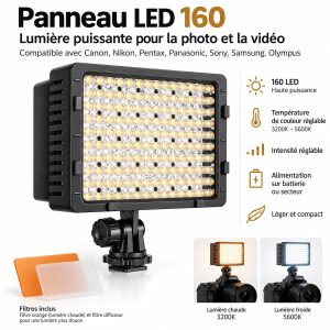 Minette LED 160 : panneau LED 3200-5600 K à intensité réglable, filtres orange et diffuseur inclus, sur griffe d appareil photo