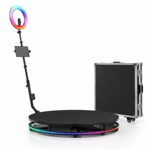 Photomaton 360° 68 cm : plateau rotatif à LED RGB, perche avec anneau lumineux et support tablette, et valise de transport à roulettes