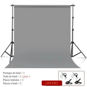 Support de fond photo 2,6 × 3 m avec toile grise, pinces et housse de transport