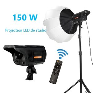 Projecteur COB LED 150 W bi-couleur 3200-5600 K à monture Bowens avec lanterne et télécommande