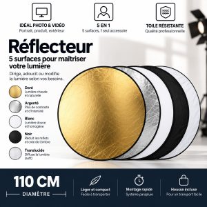 Réflecteur 5 en 1 de 110 cm pliable, faces dorée, argentée, blanche, noire et translucide