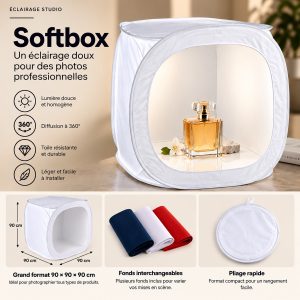 Tente de prise de vue 90 x 90 x 90 cm, cube photo à diffusion 360 degrés avec fonds interchangeables